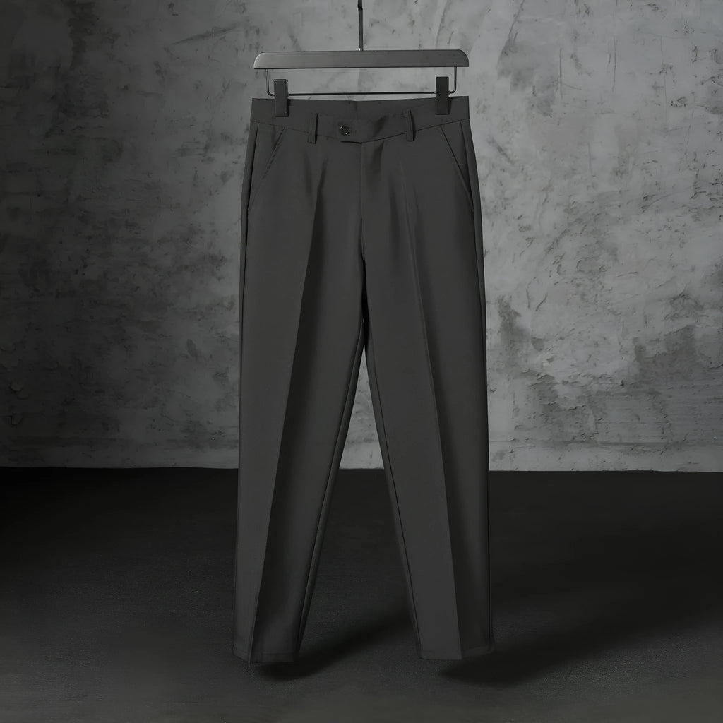 Men's straight loose fit brushed polyester trousers in khaki, side view, size 32