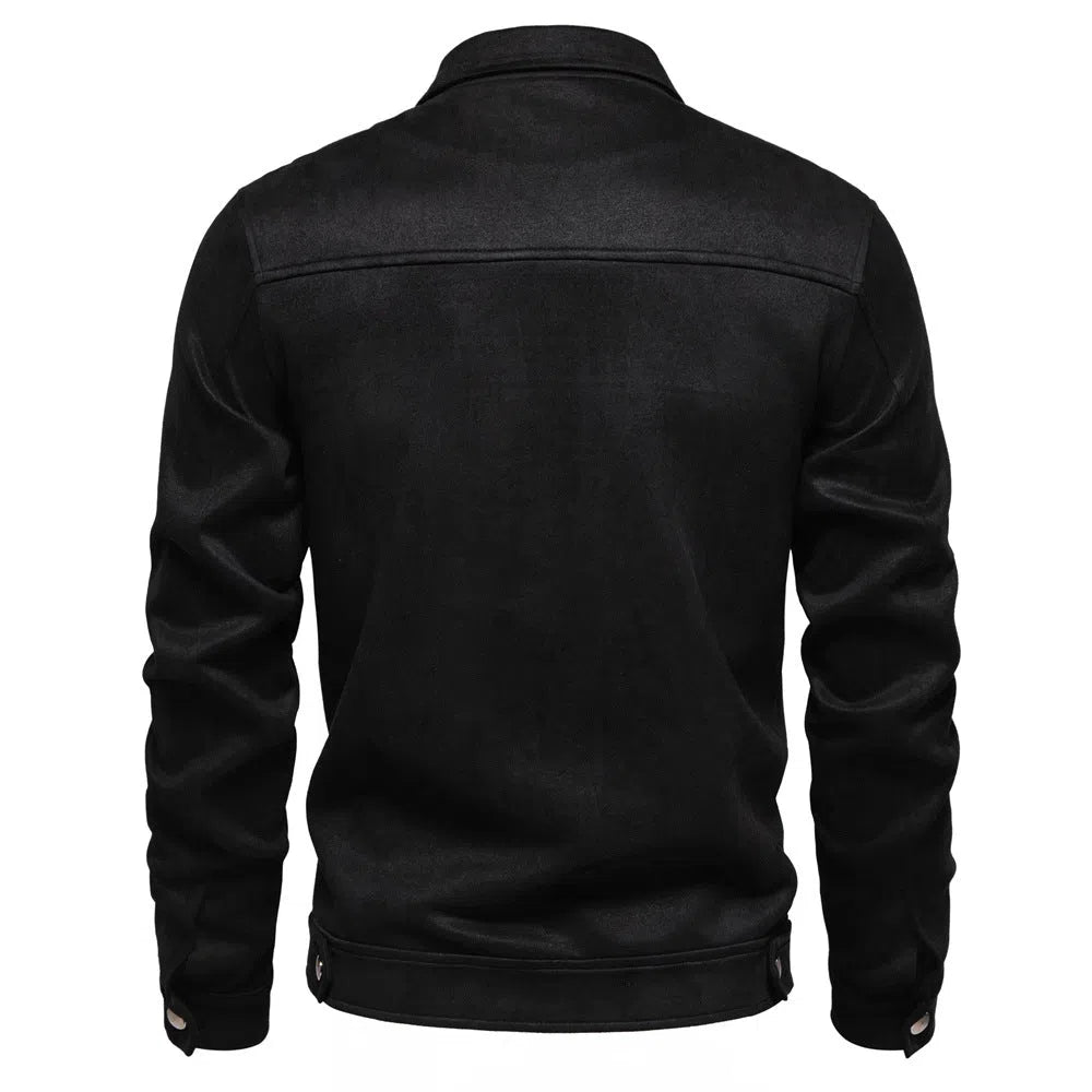 Men's solid suede lapel zipper jacket autumn winter outdoor coat front view