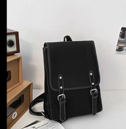 Motorcycle-style PU leather backpack with geometric pattern, buckle, laptop and camera compartments, 20-35L capacity, in black