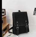 Motorcycle-style PU leather backpack with geometric pattern, buckle, laptop and camera compartments, 20-35L capacity, in black