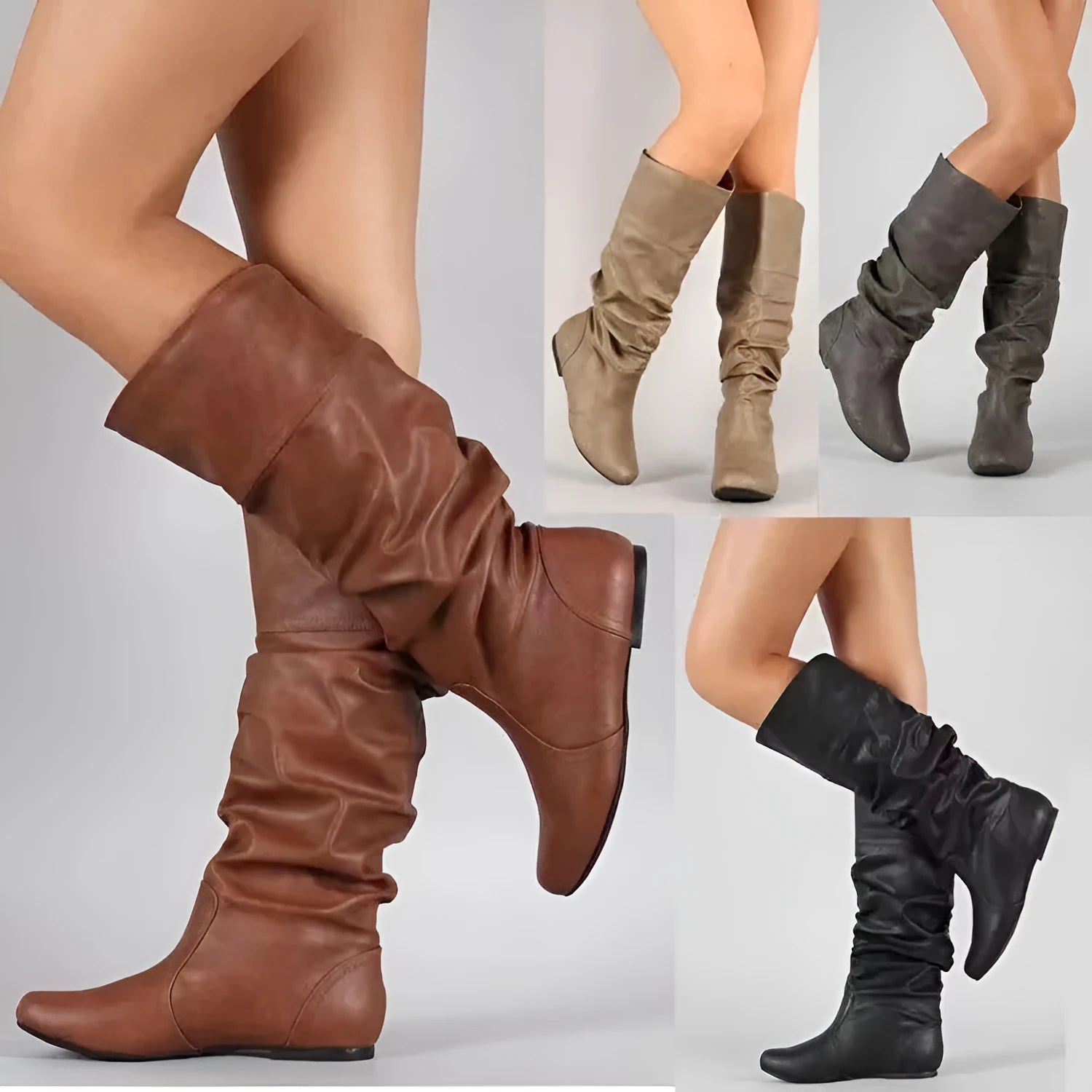 Women's flat black slip-on boots with a round toe and high cylinder shaft on a neutral background.