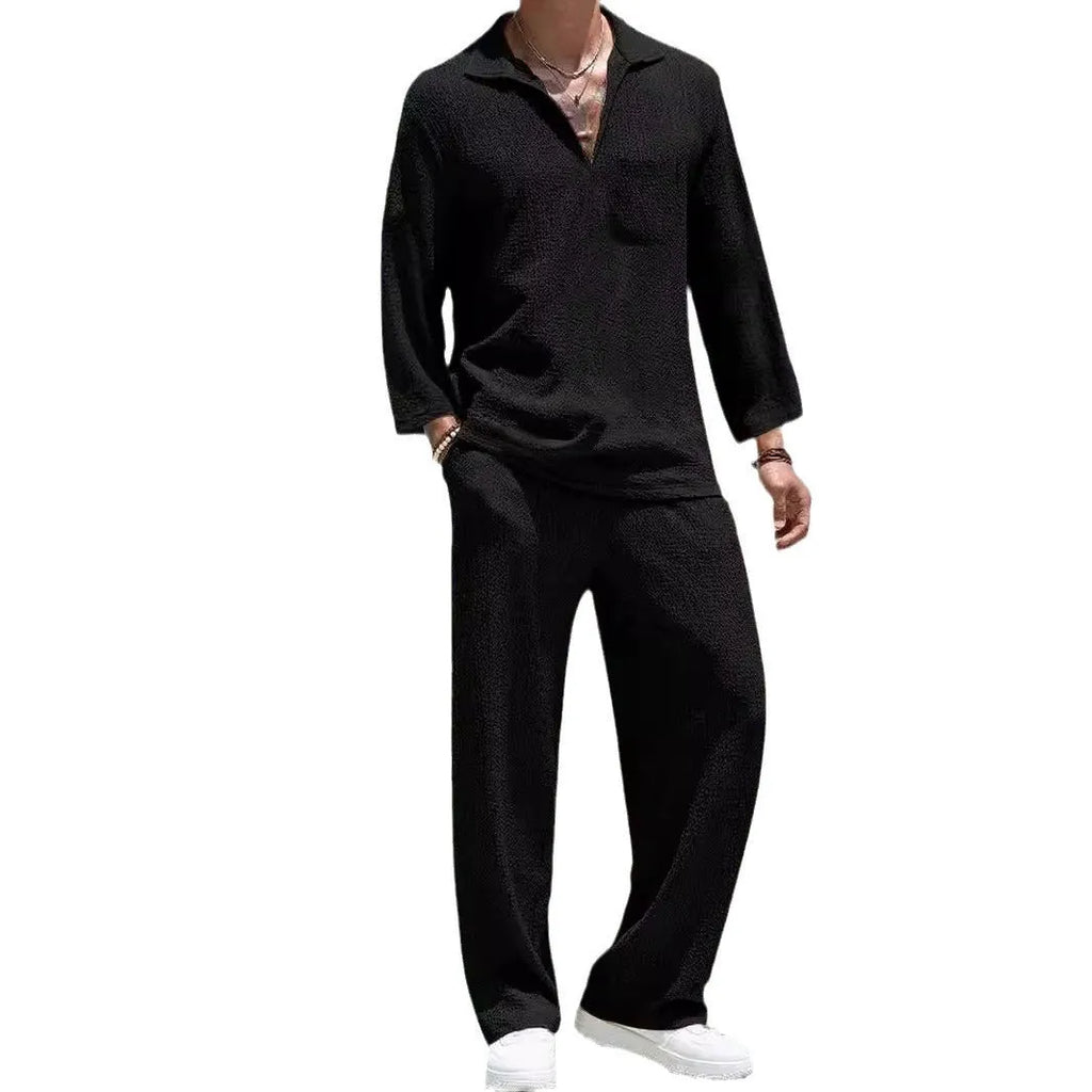 Men's casual shirt trousers commuter suit set in lake blue colour