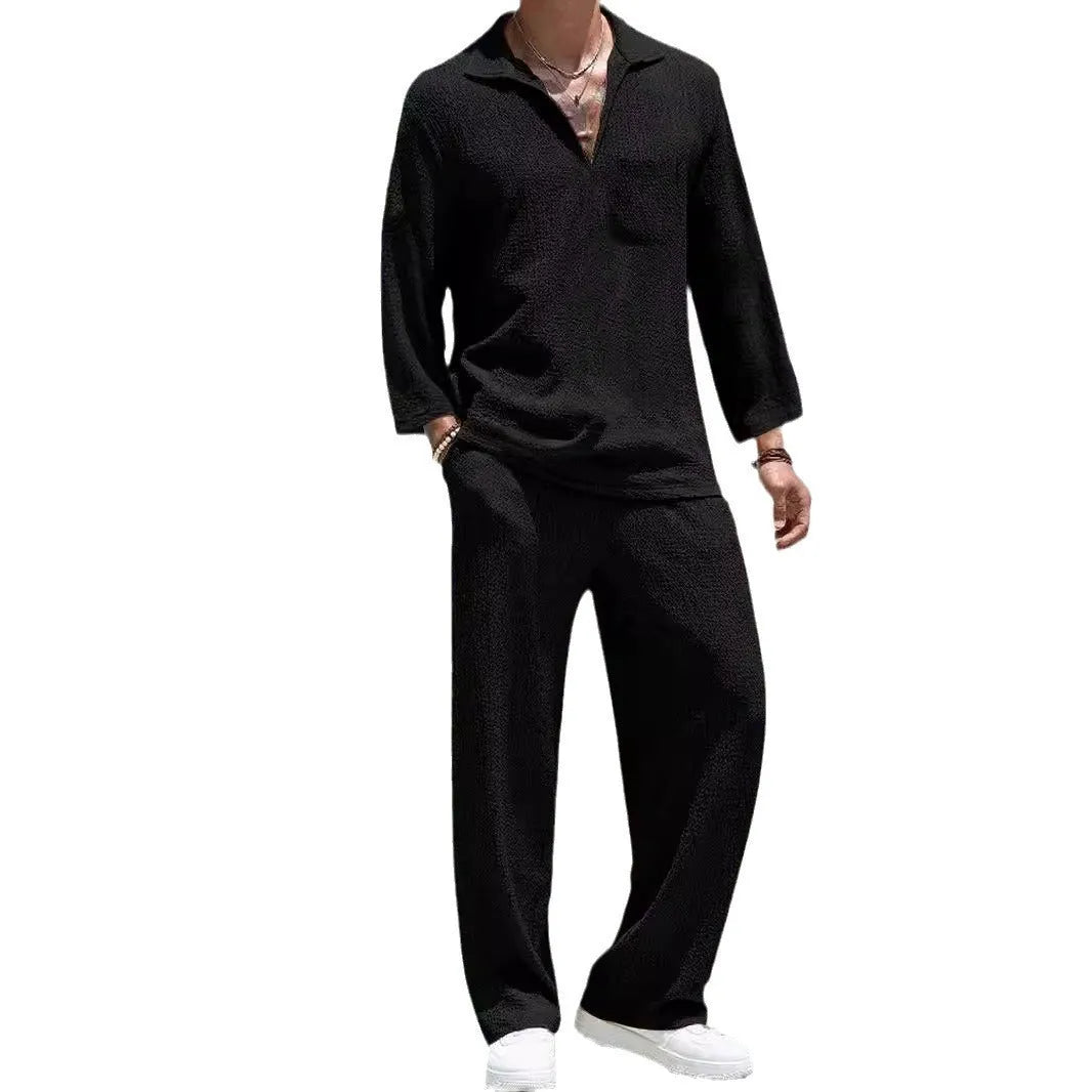 Men's casual shirt trousers commuter suit set in lake blue colour