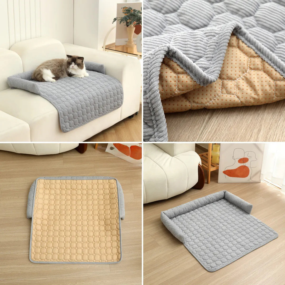 Corduroy pet dog cat bed blanket mat with neck pillow thick soft pad in beige color on a sofa