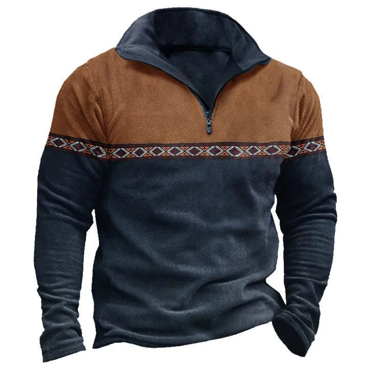 Men's retro patchwork patterned zip-front polo sweater in casual style