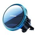 Black magnetic wireless charging car mount attached to car air vent with phone secured