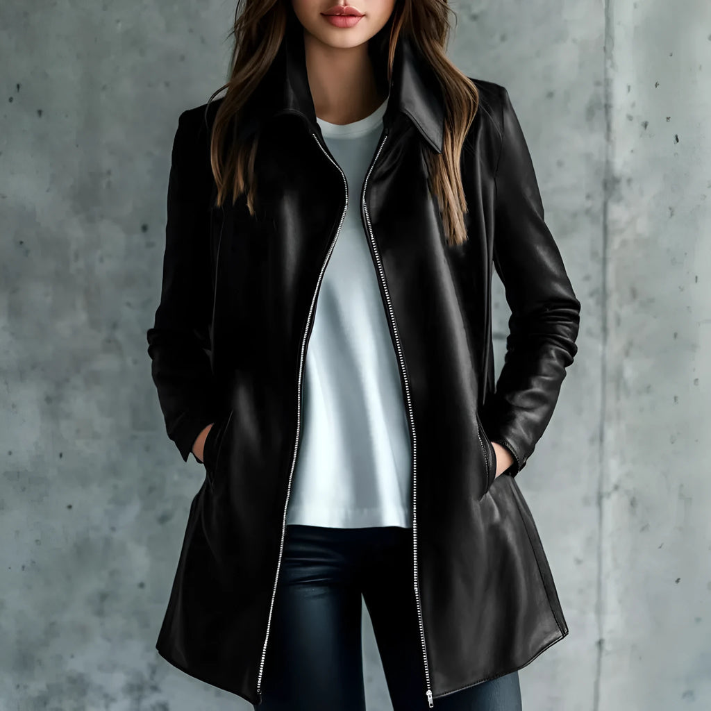 Women's black leather jacket with medium length and long sleeves for casual wear