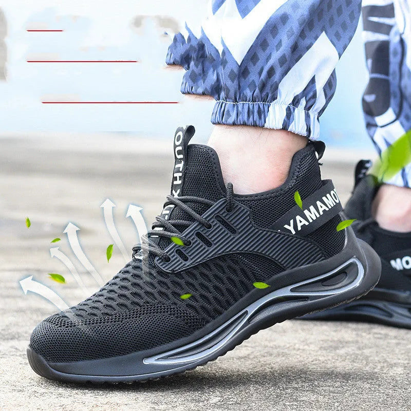 Black ultra-light steel toe anti-piercing work shoes with fly woven upper and low style, sizes 36-46