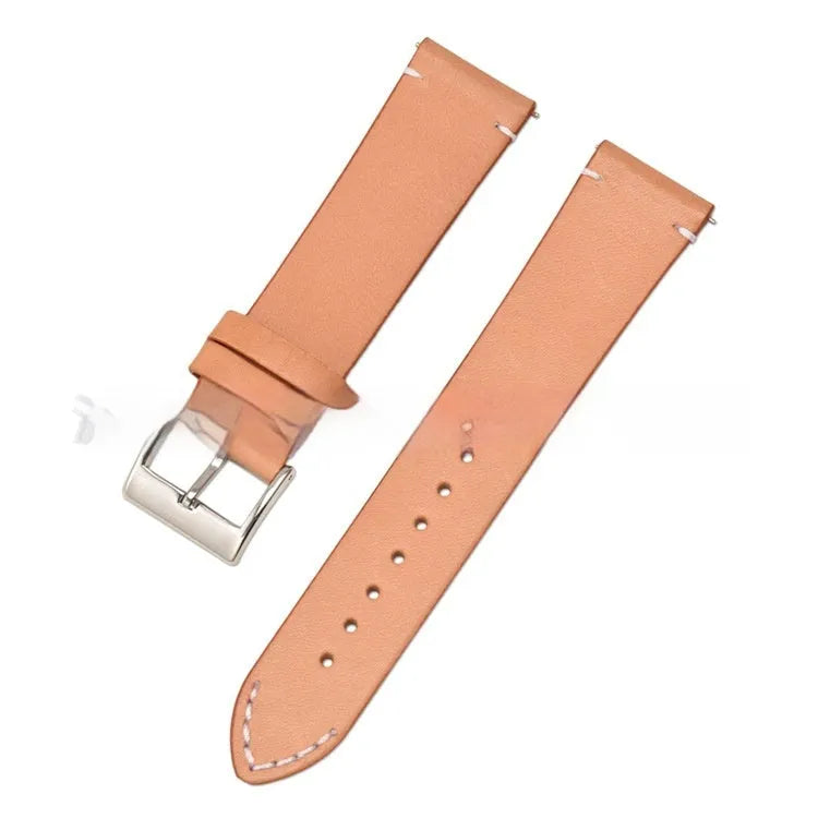 Leather watch strap with stainless steel pin buckle, available in black, dark brown, light brown, or yellow, 12mm to 24mm width, 2mm thick.