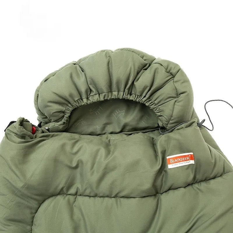 Outdoor camping cotton sleeping bag quilt in ochre or olive green, folded to show portable design.