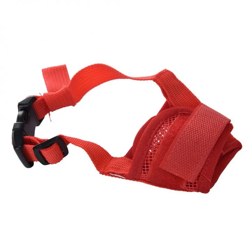 Adjustable plastic dog muzzle for biting and barking control, shown in multiple colour options.