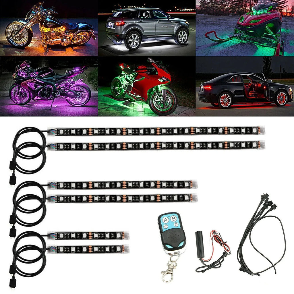 Black RGB LED vehicle light bar with wireless receiver and remote control for motorcycle and car atmosphere lighting