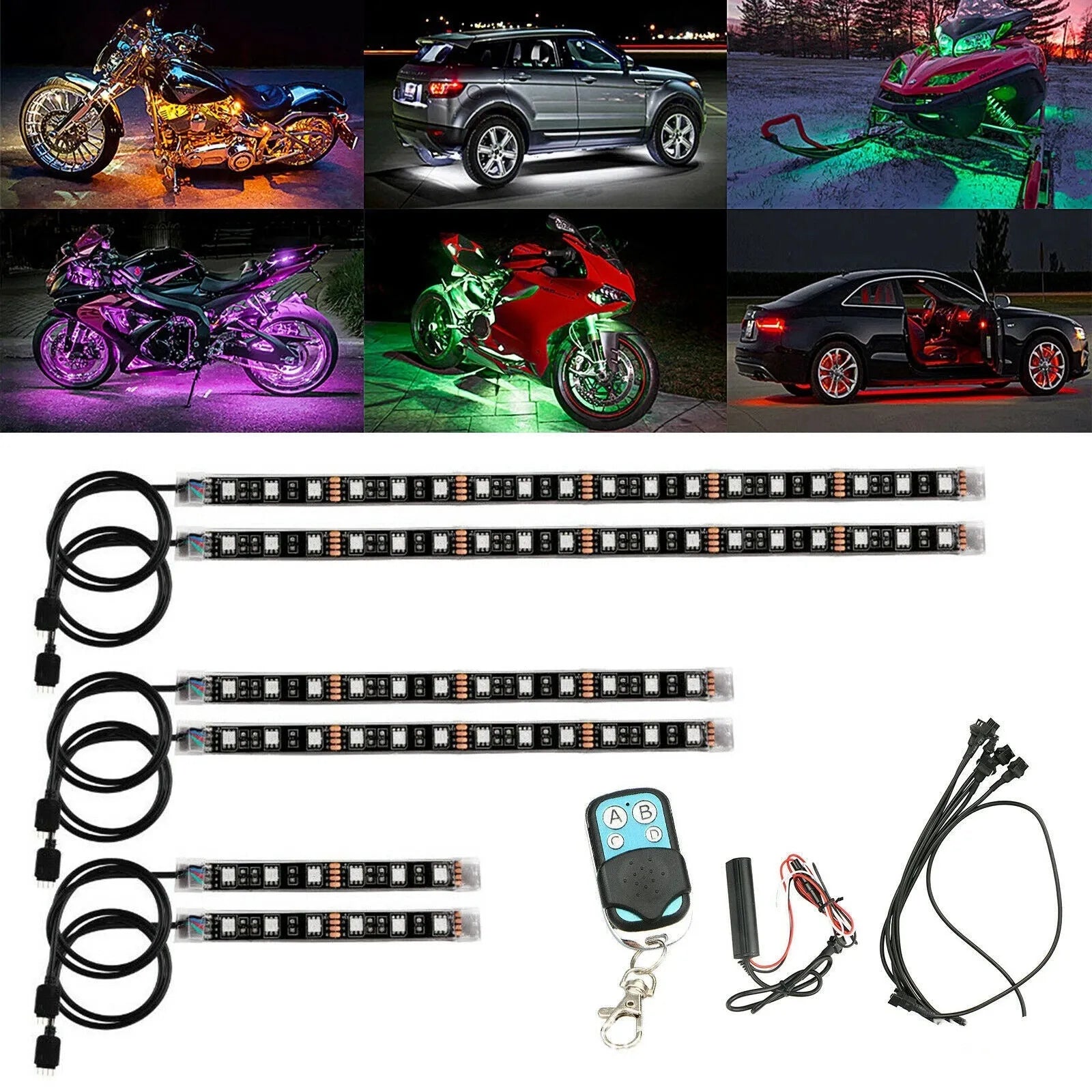 Black RGB LED vehicle light bar with wireless receiver and remote control for motorcycle and car atmosphere lighting