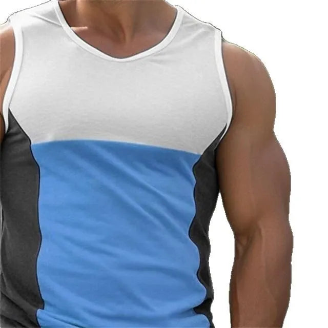 Men's cotton blend running vest in blue, yellow and orange colours for summer sports fitness