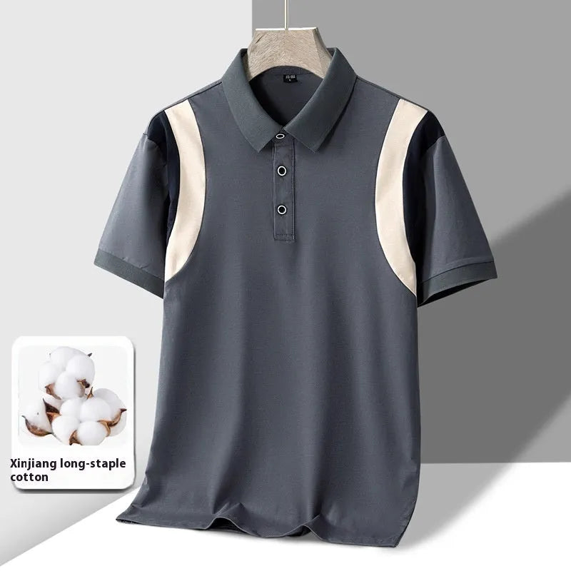 Men's striped short sleeve business T-shirt in a loose Korean style fit, shown in a selection of colours.