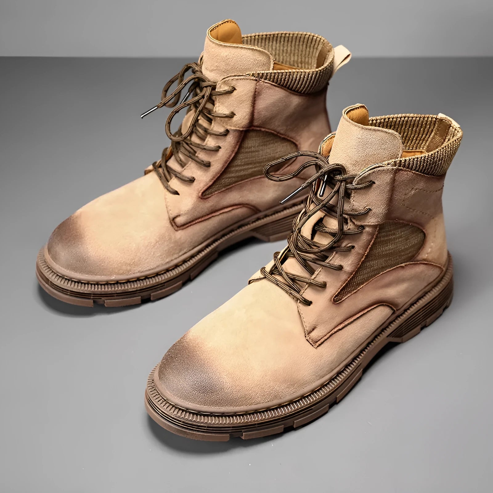 Men's ankle-high Martin boots in frosted sand-colour leather with a round toe and thick rubber sole.
