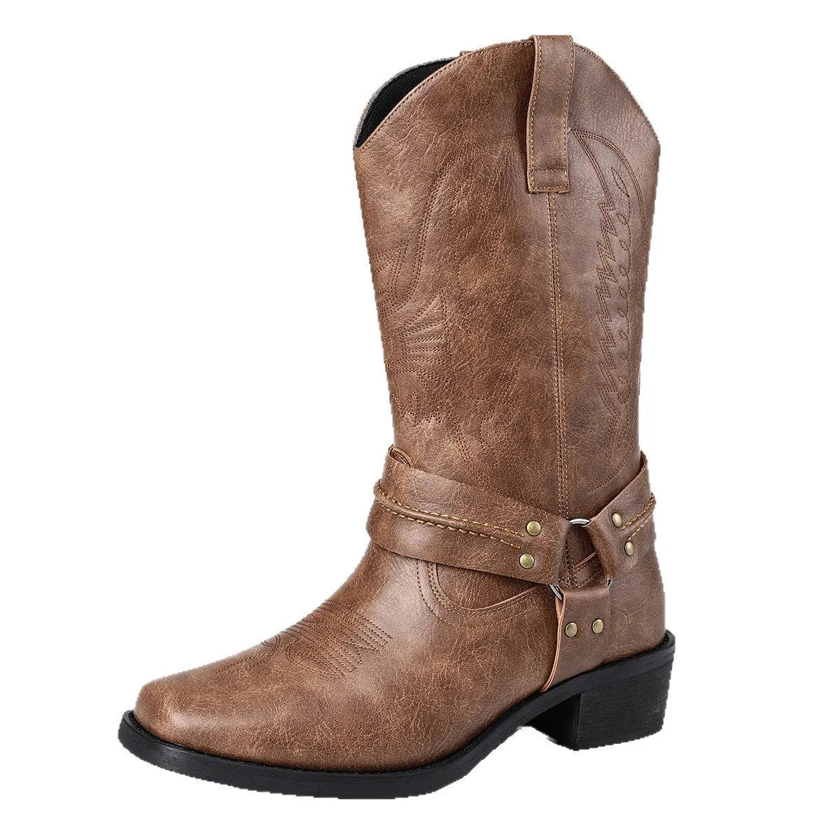 Men's retro high heel leather boots with square toe and horseshoe heel in brown