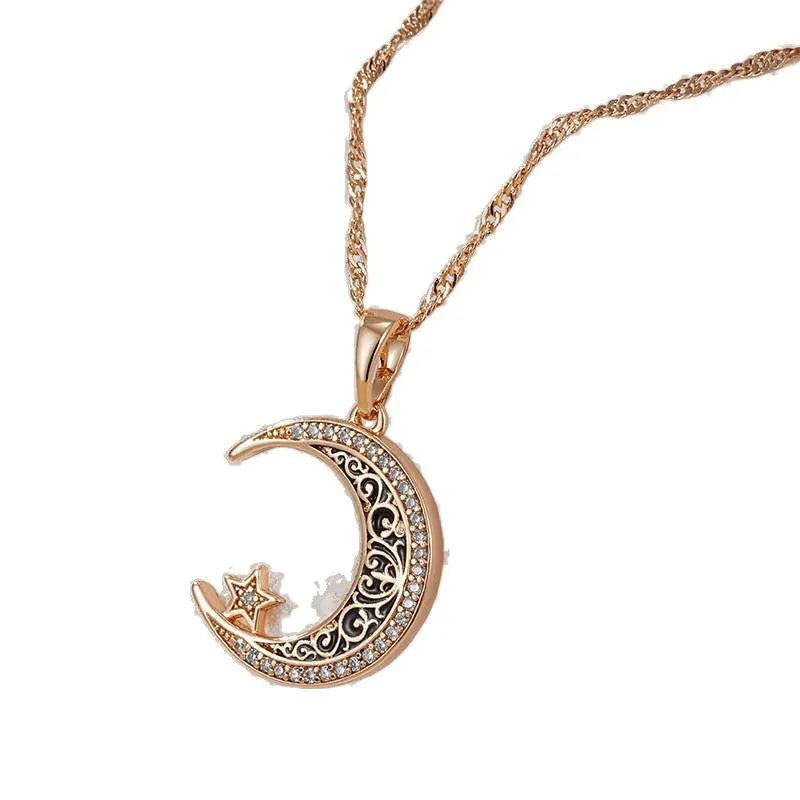 Rose gold coloured necklace with star and moon pendant on water wave chain