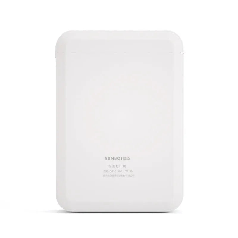 D110 white thermal label printer with Bluetooth, compact size, 1200mAh battery