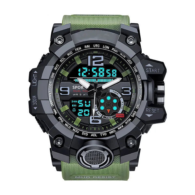Men's waterproof sports watch with dual display, round dial, black resin case and PU strap
