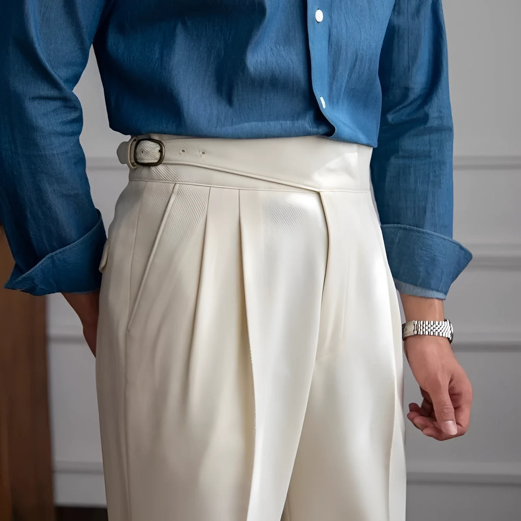 Men's high waist straight-leg casual trousers in polyester fabric available in multiple colours
