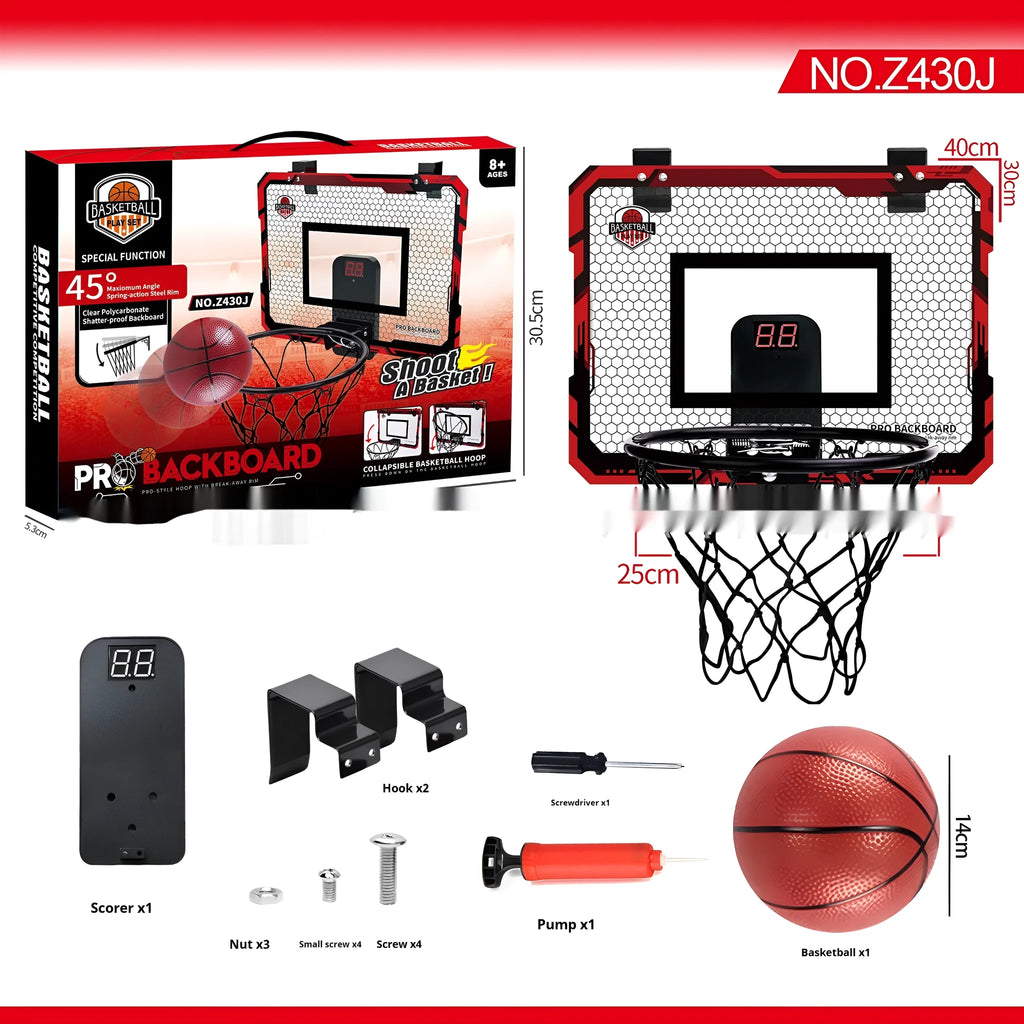 Red folding basketball frame with suction cups mounted on a wall, showing dunk scoring panel.
