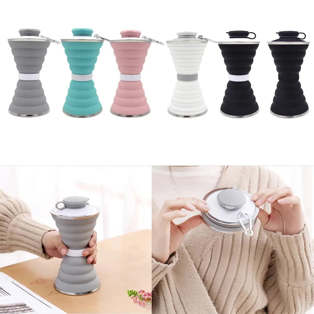500ml silicone collapsible water bottle cup shown both expanded and folded with stainless steel rim
