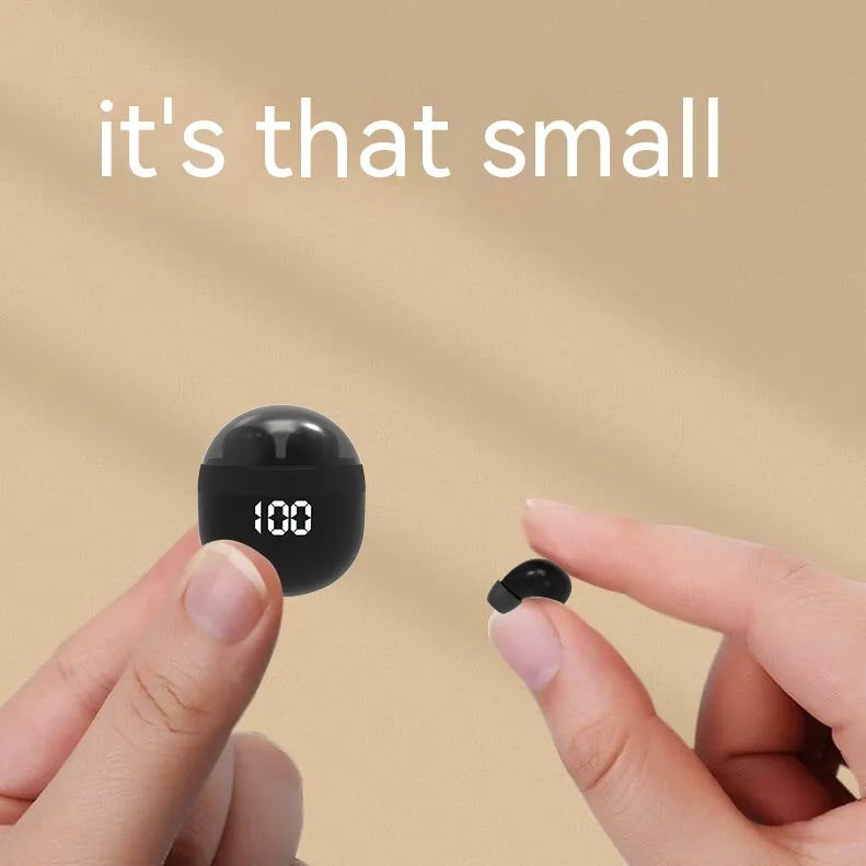 Sports TWS in-ear Bluetooth headset in black with digital display showing battery level