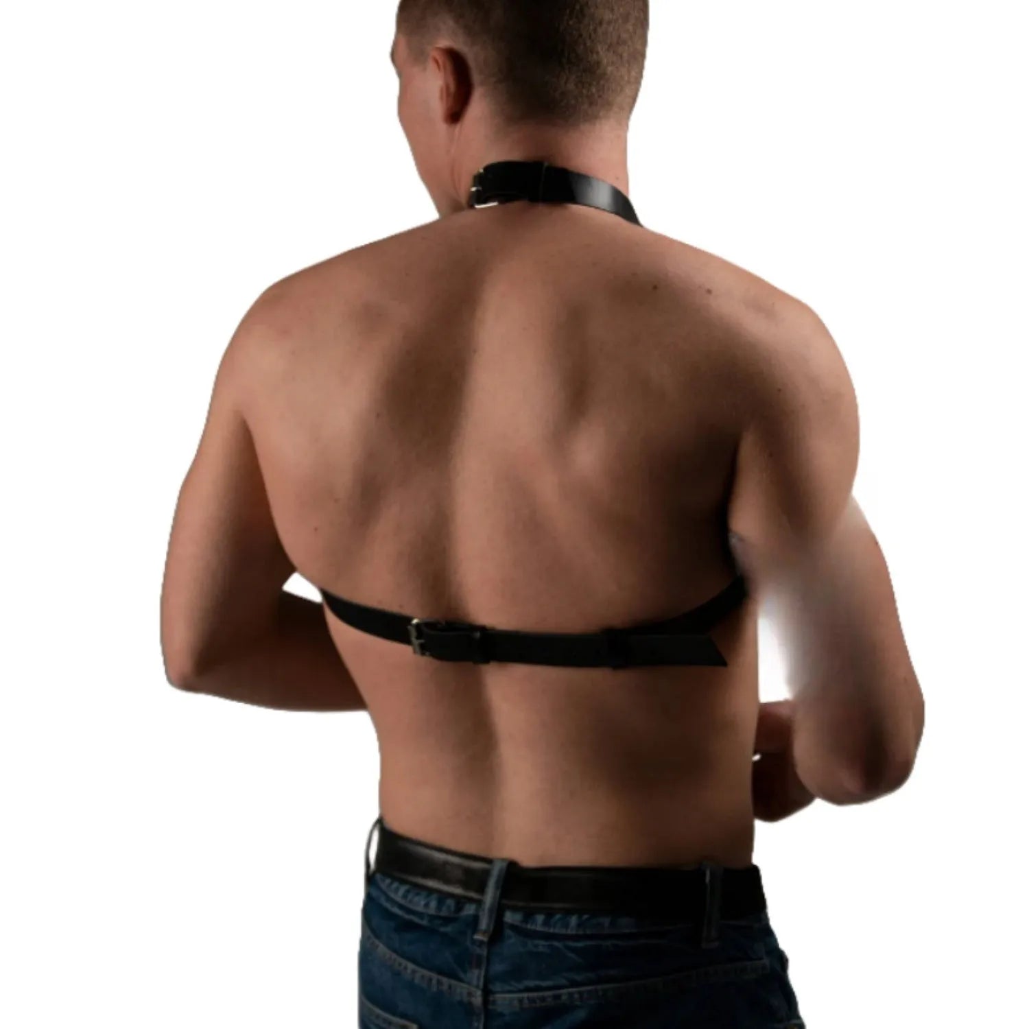 Black PU leather punk chest strap with integrated collar and corset closing belt, handmade with punched detailing