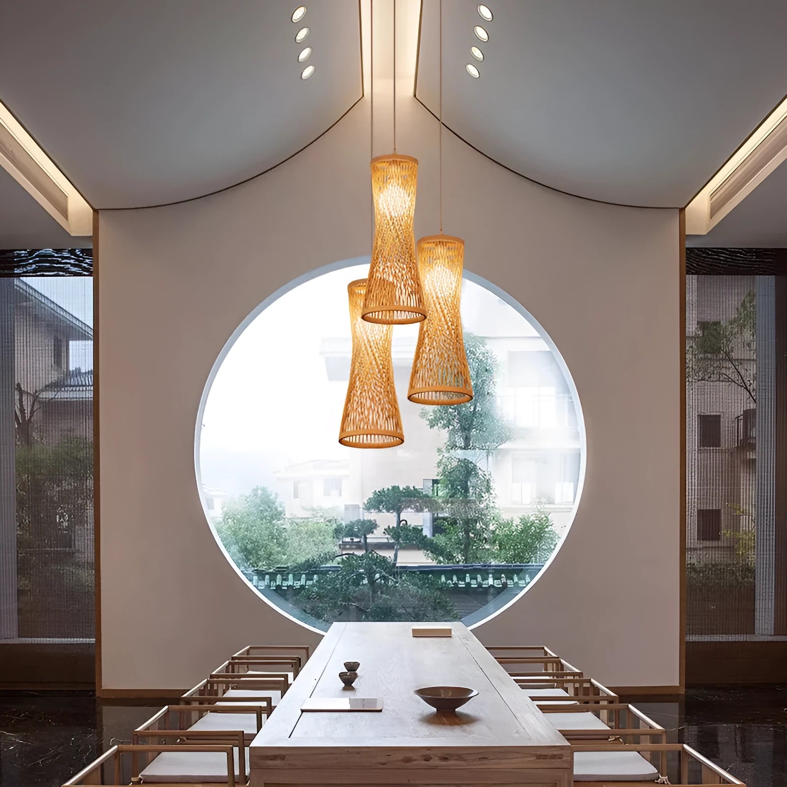 Japanese Chinese style bamboo artwork hanging chandelier with 17cm diameter white accessories for restaurant ceiling