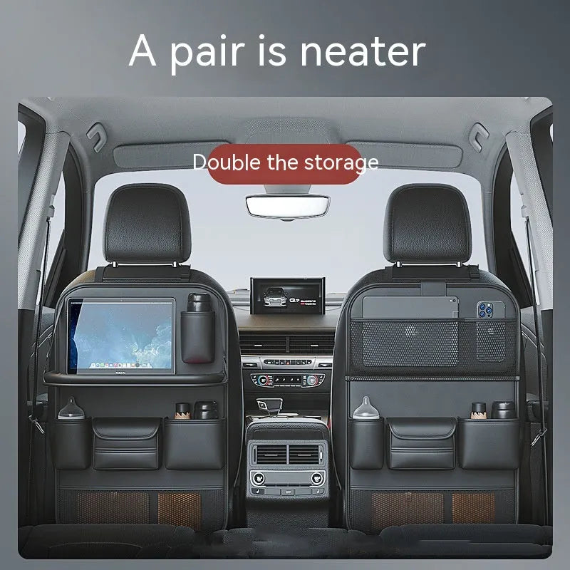 Car seat back storage bag with foldable dining table in waterproof leather construction