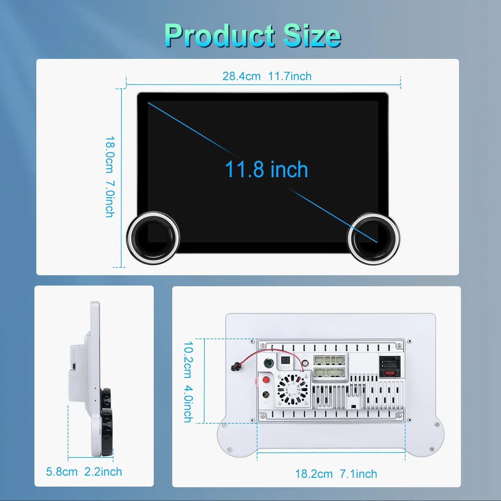 11.8-inch Android car stereo with dual knobs and QLED touchscreen showing navigation interface
