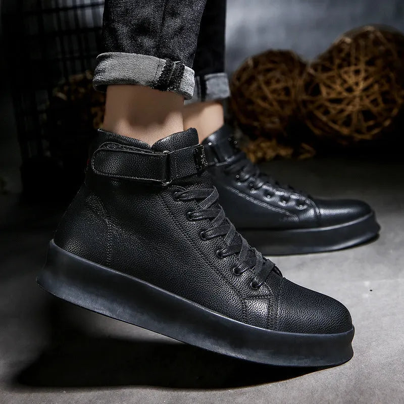 Men's Casual Sneakers High-Top Dr Martens Boots Style PU Leather Lace-Up Round Toe Flat Heel Rubber Sole Viscose Construction Available in Black Red White Sizes 39 to 44