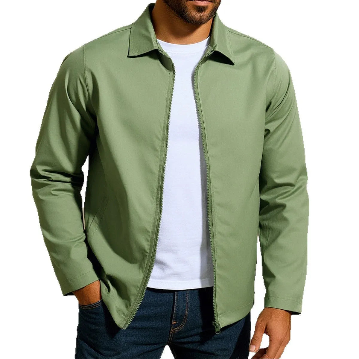 Men's green zip-up cardigan jacket with raglan sleeves laid flat.