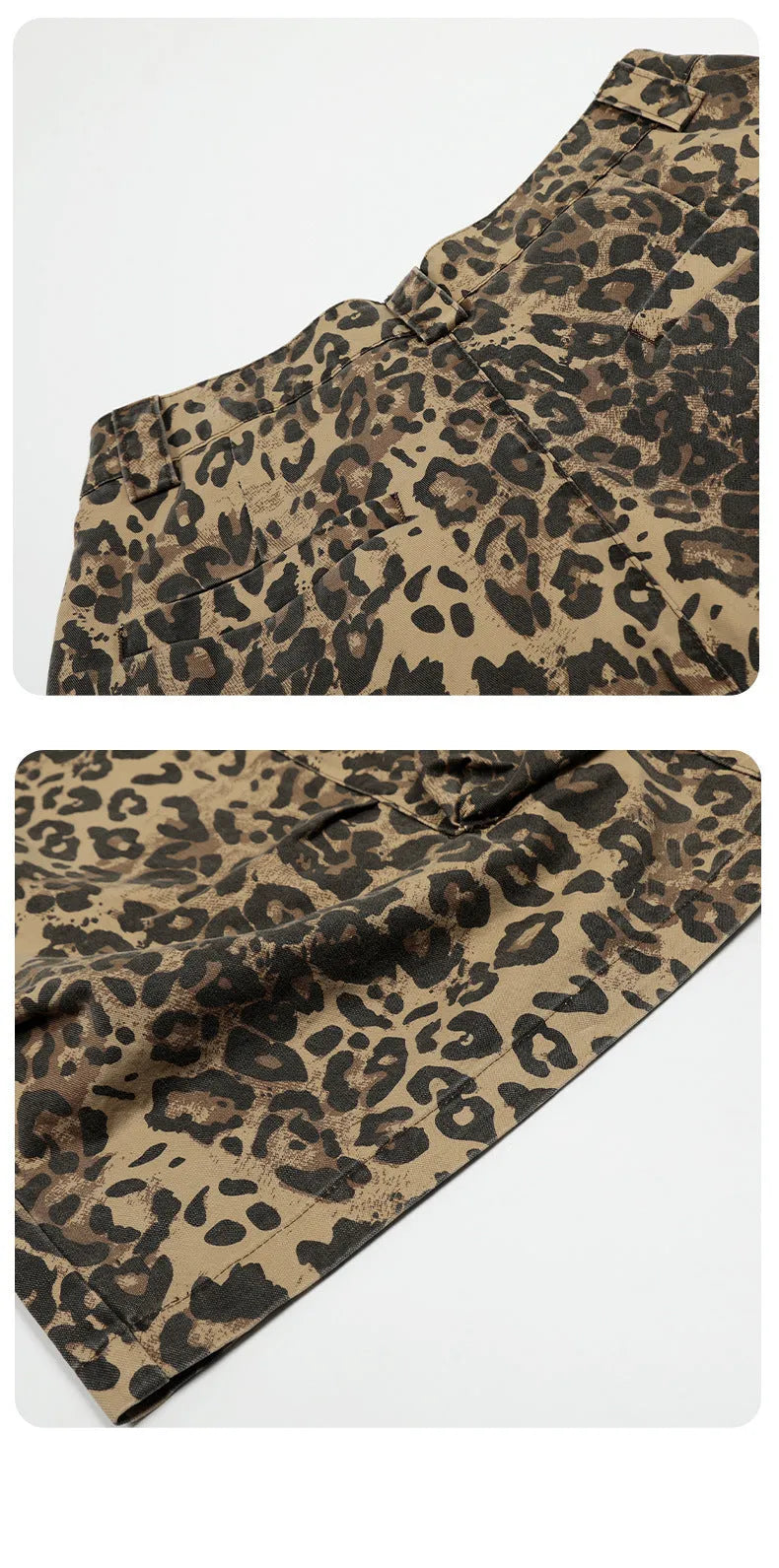 Women's high-waisted leopard print cropped trousers with a loose straight leg and button fly.