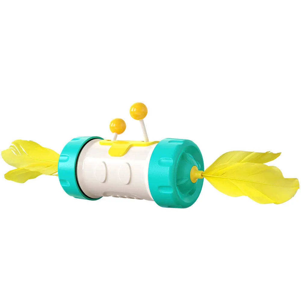 Adjustable cat fishing pole toy with colourful feathers and rolling tumble ball for interactive play