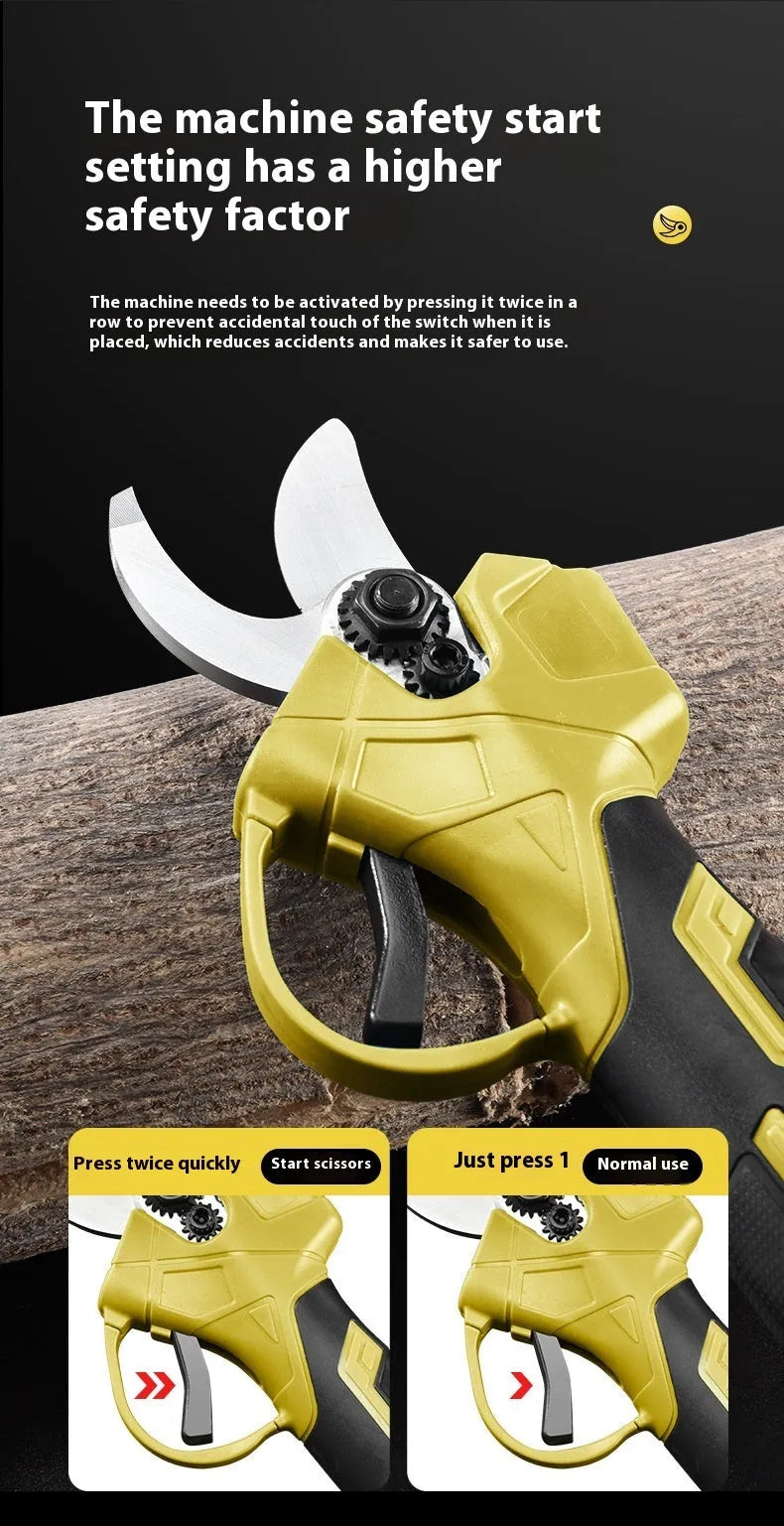 Electric pruning knife with lithium battery and plastic storage box containing two batteries and charger