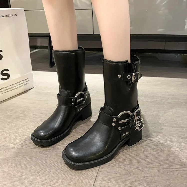 Women's black platform ankle boots with buckle strap on block heel