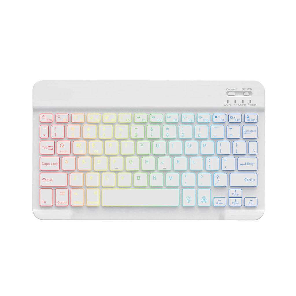 10-inch wireless Bluetooth keyboard with colourful backlit keys on a desk next to a tablet.