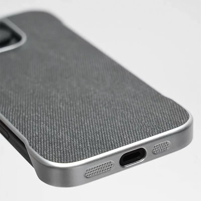 Imitation leather phone case with embossed hemp pattern, no border design, fits iPhone 14 to 16 Pro Max, available in multiple colours.