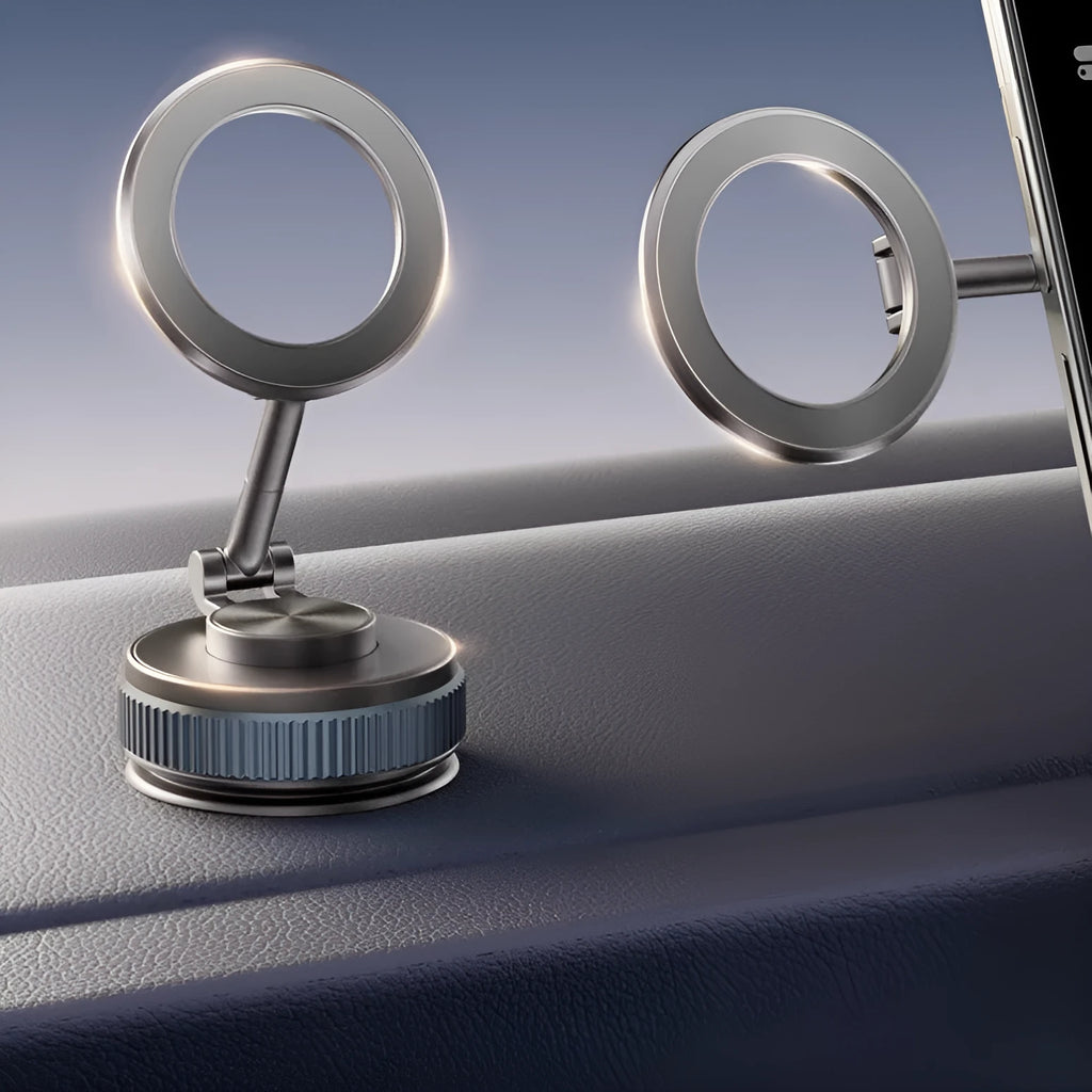 Car navigation suction cup folding mobile phone bracket in black and silver on dashboard
