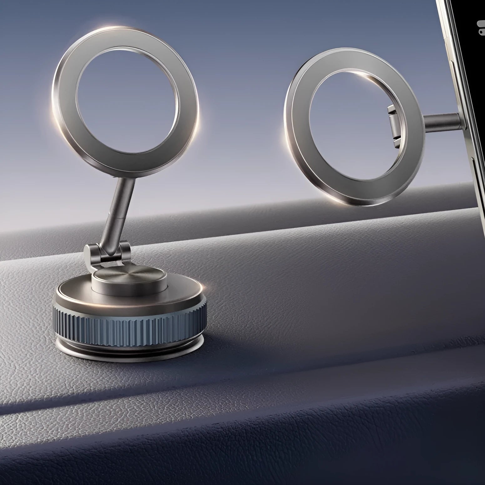 Car navigation suction cup folding mobile phone bracket in black and silver on dashboard