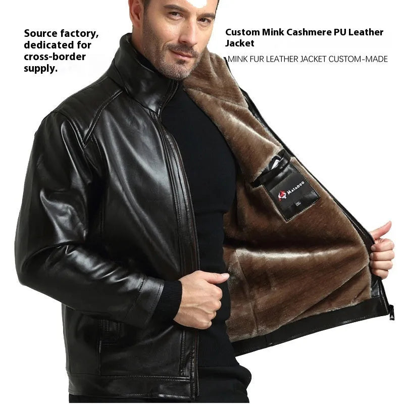Men's fur one-piece artificial leather coat with velvet finish, black colour, straight hem design