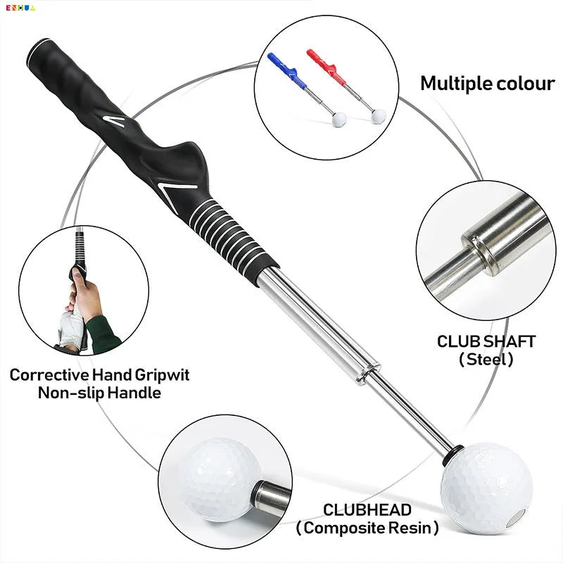 Telescopic stainless steel golf swing trainer in black, extended for practice.
