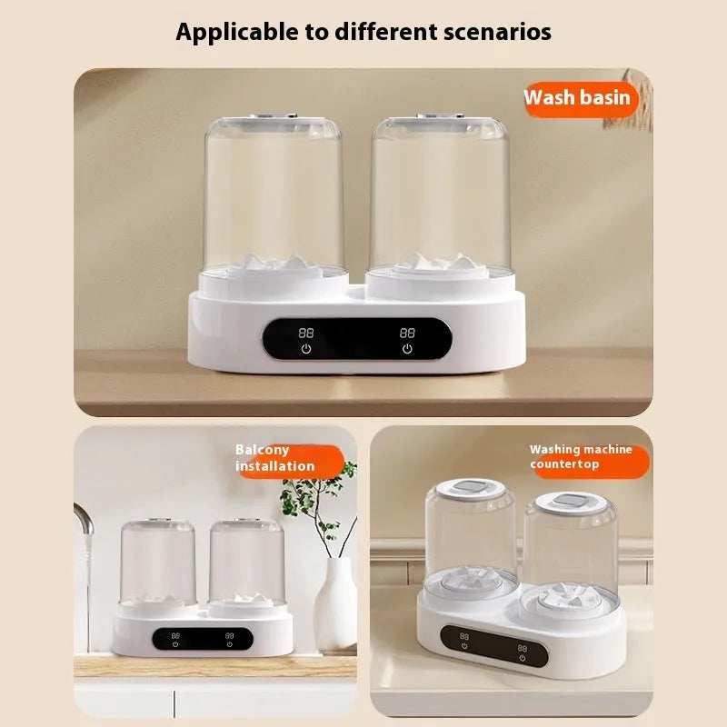 White double bucket mini washing machine with USB cable, showing two separate wash tubs.