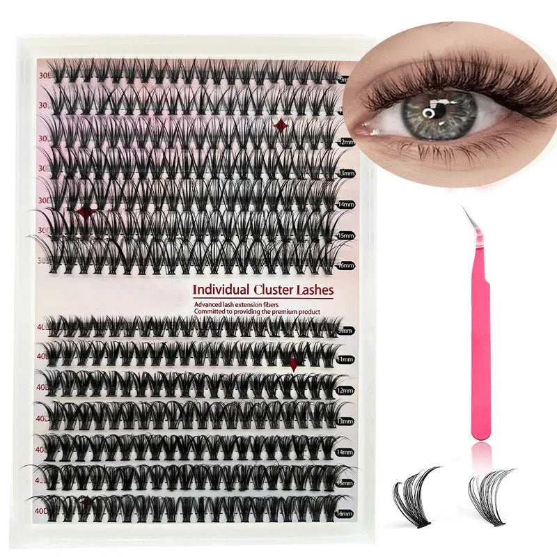 DIY mixed package of 30D and 40D cluster false eyelashes with tweezers, lengths 9-16mm