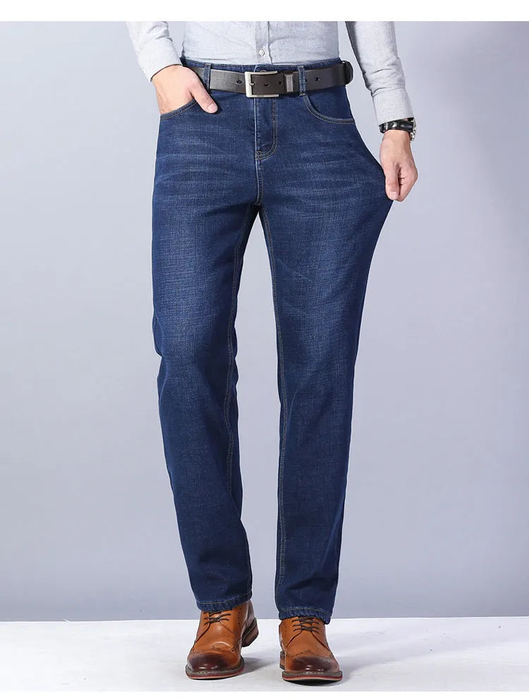 Men's thickened plush cotton jeans in black with straight tube leg and medium waist