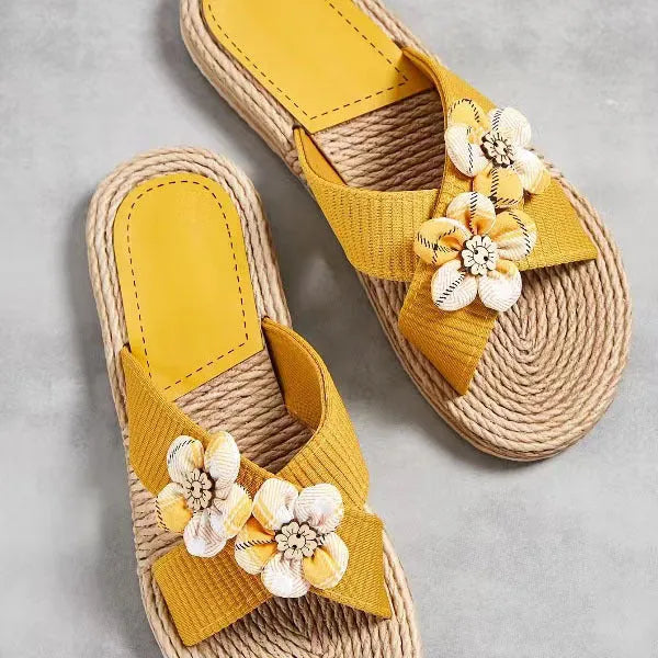 Ladies trendy indoor outdoor slippers with six small flower pattern, cotton cloth upper, TPR sole, available in black and yellow