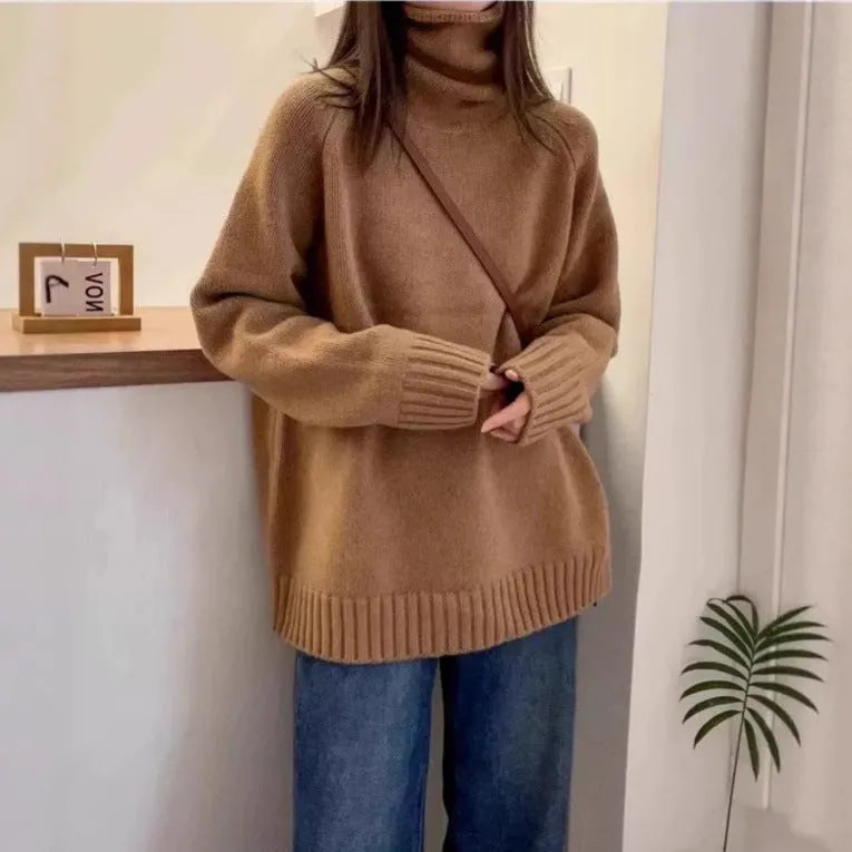 Women's loose turtleneck sweater with thick curling pile collar in red colour