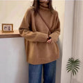 Women's loose turtleneck sweater with thick curling pile collar in red colour